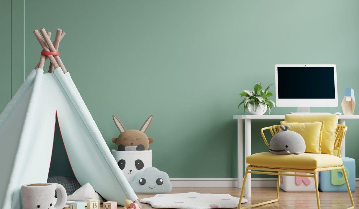 Mockup wall in the children's room,working interior on wall green color background.3d rendering