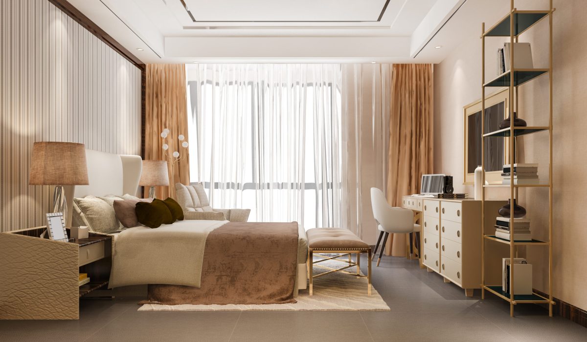 3d rendering beautiful luxury bedroom suite in hotel with tv and shelf